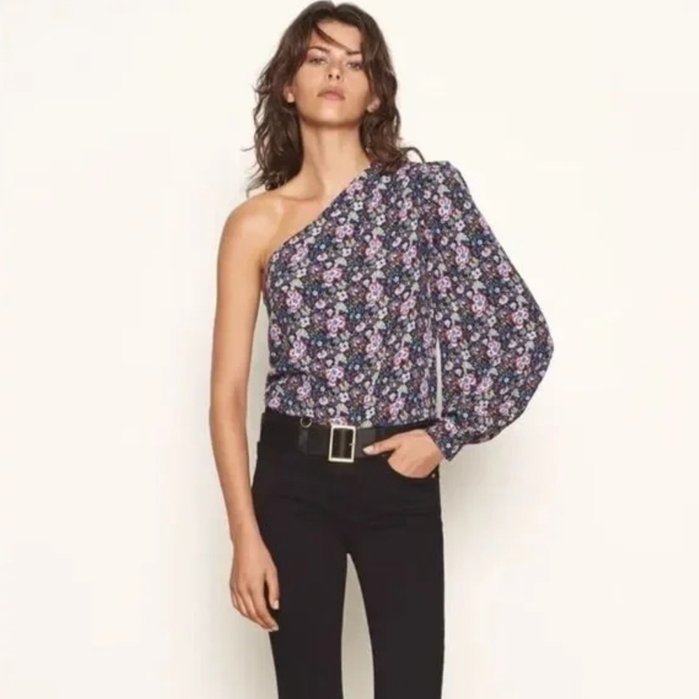 Frame Navy Floral Print One-Shoulder Top, Size Medium
